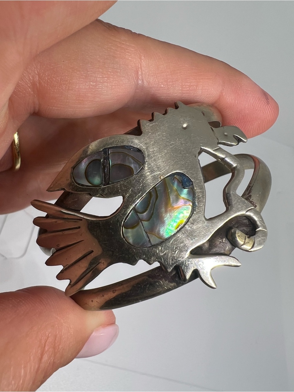 Handcrafted Abalone Inlay Fish Cuff Bracelet - Silver Tone